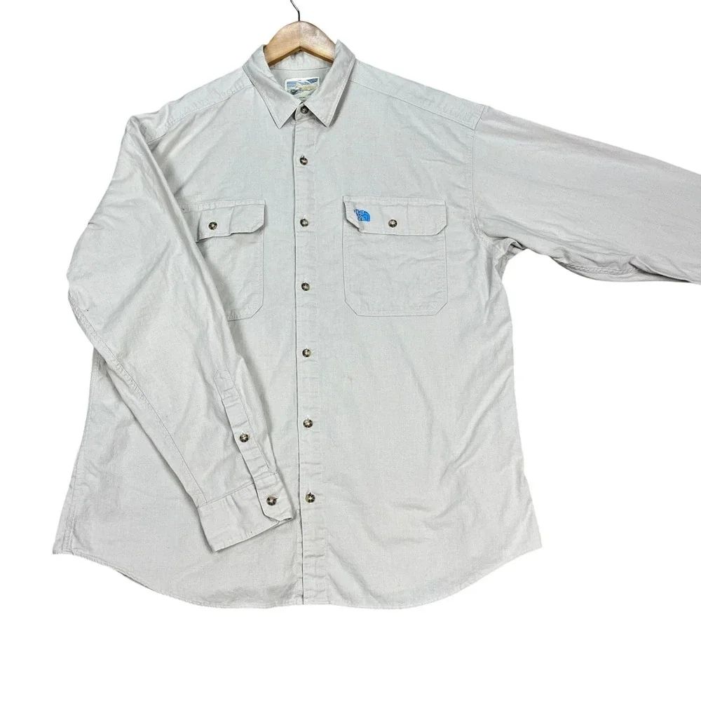 The North Face Button Down Shirt Mens Large Beige Long Sleeve Flap Pockets‎ EUC